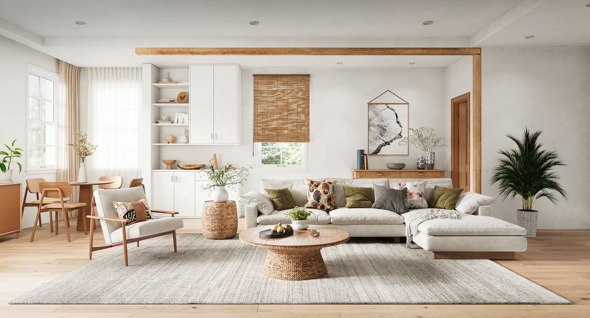 Bright modern living room interior with natural wood furniture and cozy sofa