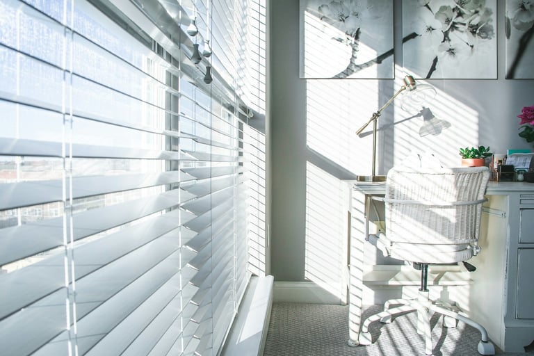 Bright home office with white horizontal blinds, desk, chair, and potted plants by large windows