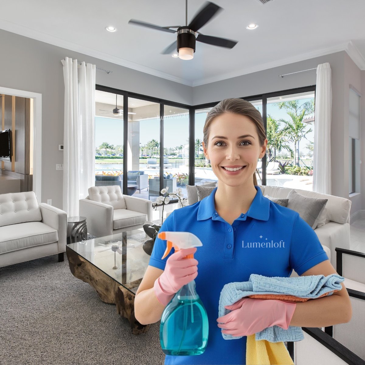 Cleaning service worker in blue uniform holding cleaning supplies in modern living room with white furniture and large windows