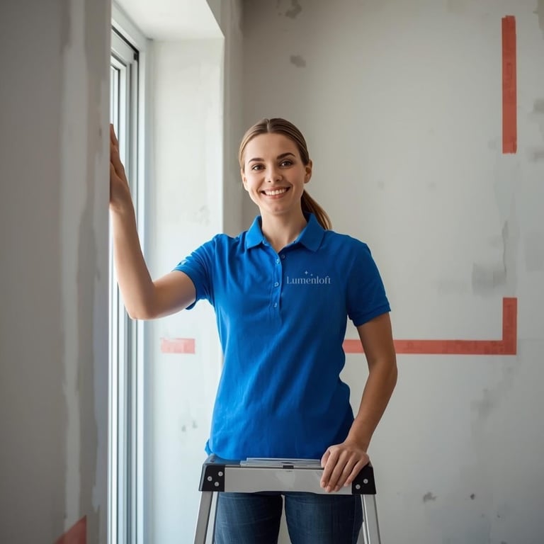 Woman in blue polo shirt standing on ladder against white wall with red marked corner lines
