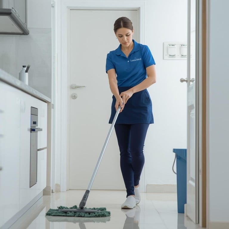 Professional cleaning service worker in blue uniform mopping a modern white kitchen floor with a microfiber mop