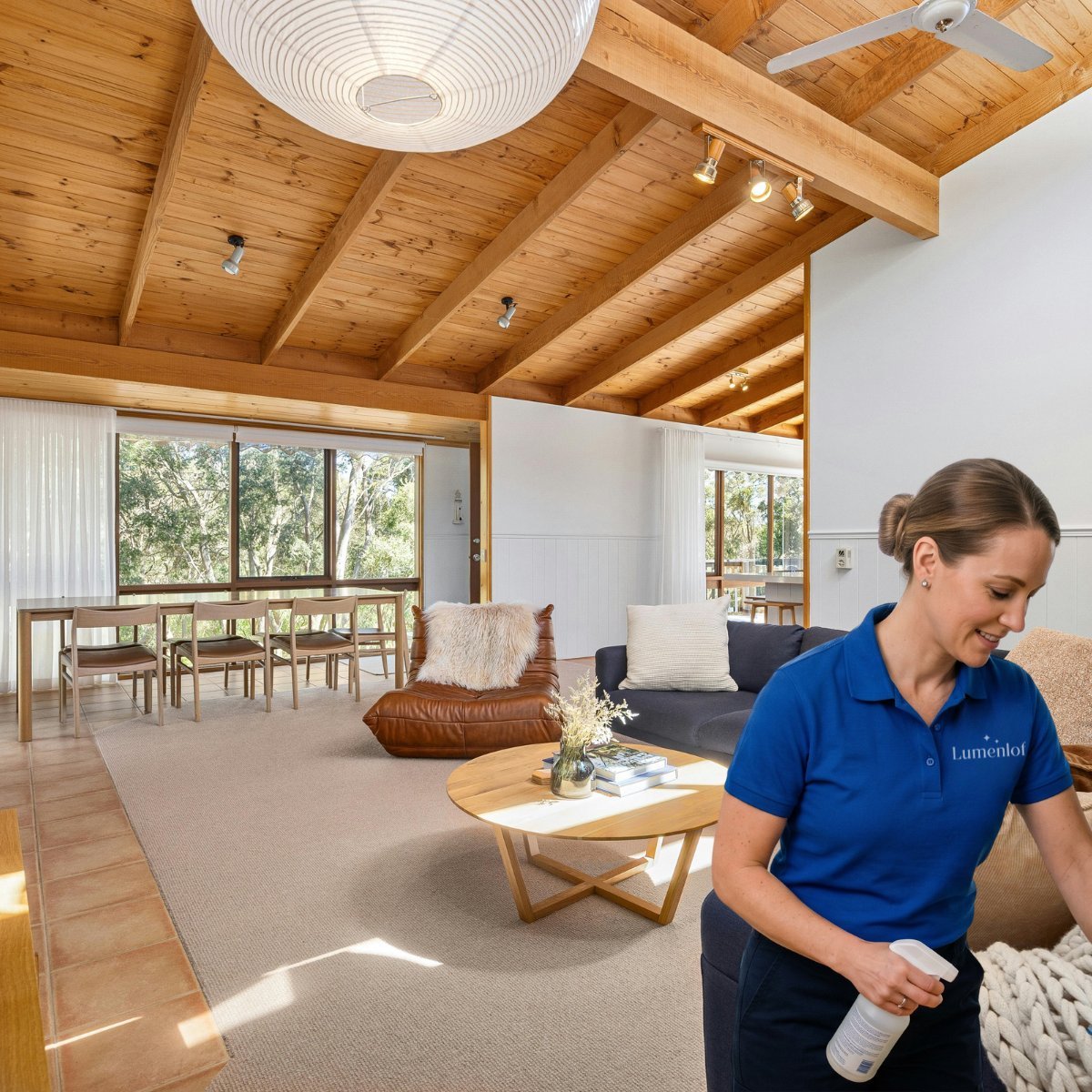 Woman in blue uniform cleaning a modern living room with exposed wooden ceiling beams and large windows overlooking trees