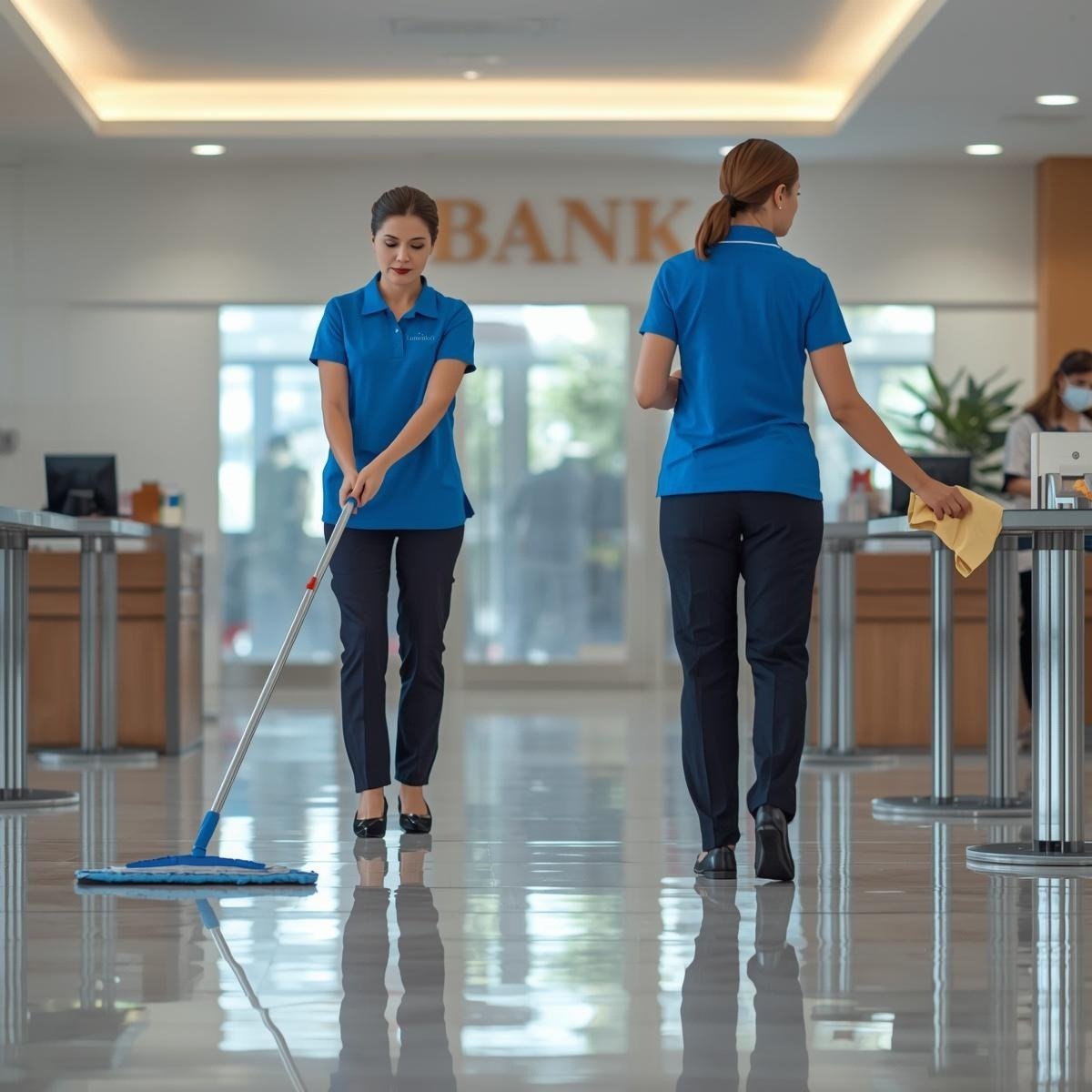 Two cleaning staff members in blue uniforms mopping a shiny floor in a modern bank lobby with wooden fixtures and glass doors.