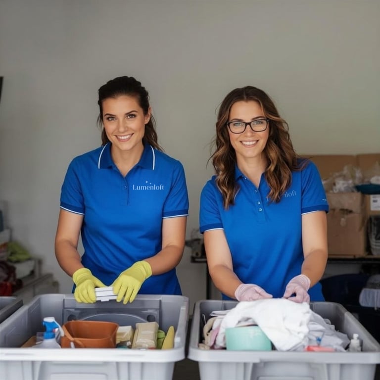 Two women in blue polos and gloves organizing items in white bins during a volunteer or workplace activity